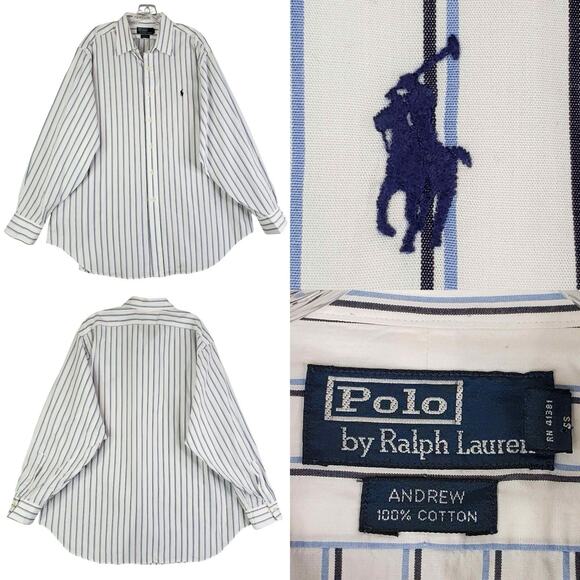 Polo Ralph Lauren Shirt Striped Oxford LS Button Down Blue Mens Size 17.5 XL - Picture 1 of 11